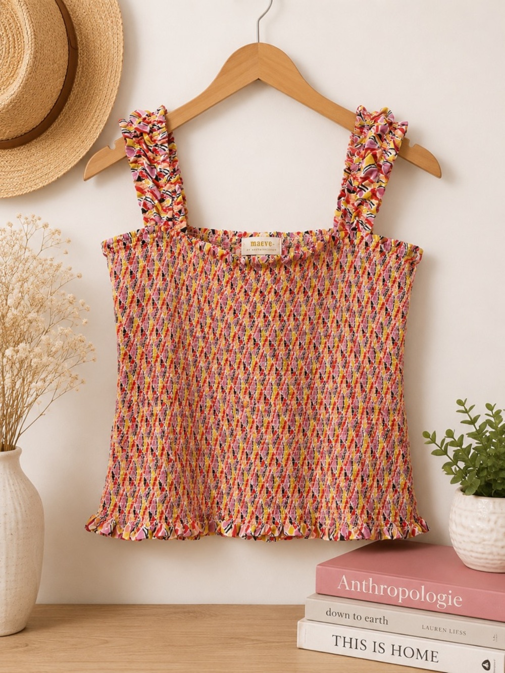 Maeve Anthropologie Large Smocked Ruffle Strap 100% Cotton Abstract Print Top